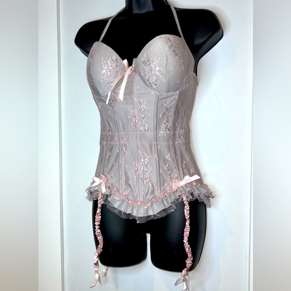 Other - Coquette Gorgeous Delicate Gray&Pink Lace Corset Halter Top with Garters